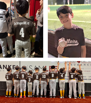 Three photos highlighting sponsorship of Bellair Baseball: the first shows a vibrant baseball field with a sponsors banner displayed prominently, the second captures a group of young players in uniforms posing with sponsor representatives, and the third features a close-up of a team jersey with the sponsors logo embroidered on it, showcasing community support and partnership.